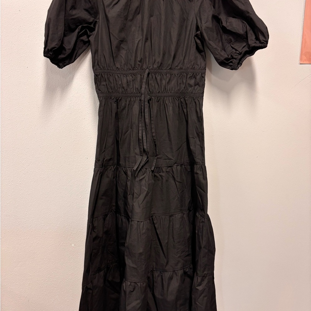 GREYLIN Gloria Poplin Tiered Dress BlackTie waist Midi Puff Sleeve Shirred Waist - Picture 5 of 8